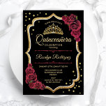 Quinceanera - Zwart Bourgondisch goud Kaart<br><div class="desc">Quinceanera Uitnodiging voor verjaardagsfeestje. Elegant bordeaux,  zwart wit design met faux glitter goud en diamanten tiara. Beschikt over zwarte witte strepen en rode rozen. Perfect voor een stijlvol prinses 15e verjaardagsfeest. Gedrukte Zazzle-uitnodigingen of direct download digitale afdrukbare sjabloon.</div>
