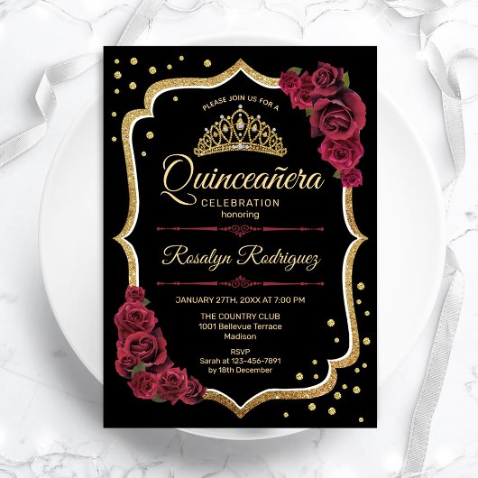 Quinceanera - Zwart Bourgondisch goud Kaart