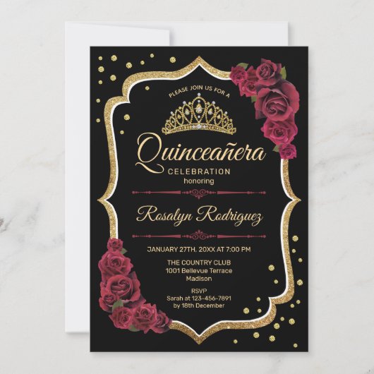 Quinceanera - Zwart Bourgondisch goud Kaart (Voorkant)