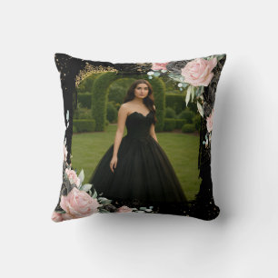 Quinceanera Zwart en Blush Roze Bloem Foto Kussen