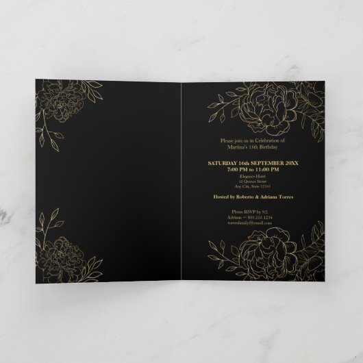 Quinceanera Zwart en Goud Fijne Bloemen (Binnen)