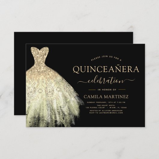 Quinceanera Zwart en Goud Glitter Sparkle Kaart (Voorkant / Achterkant)