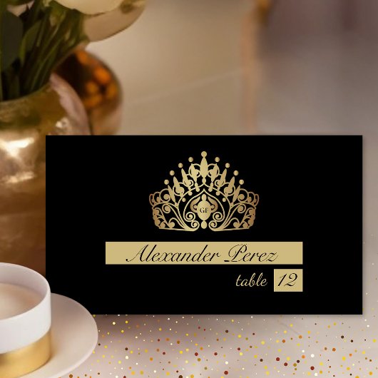 Quinceanera Zwart en Goud Prinses Tiara Kroon Plaatskaartje