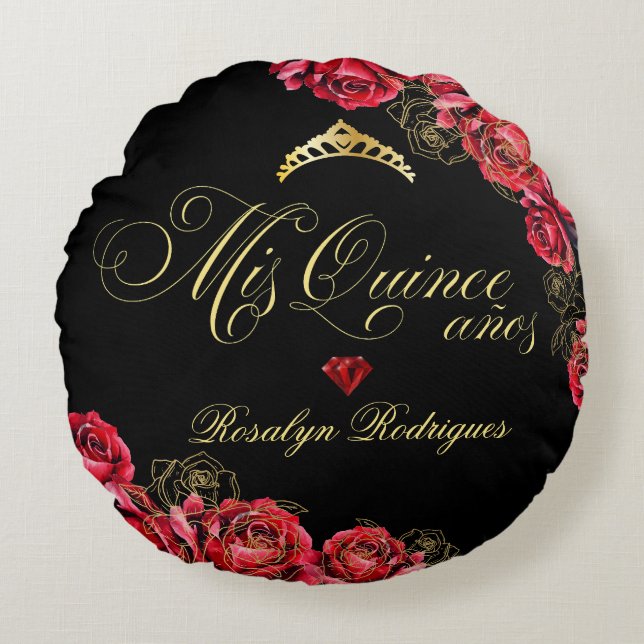 Quinceanera zwart en rood Prinses tiara Rond Kussen (Voorkant)