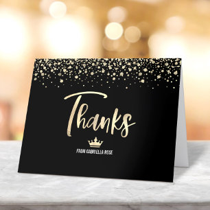 Quinceañera Zwart Goud Glitter Folie Script Elegan Bedankkaart