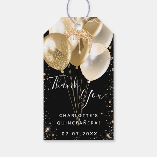 Quinceanera zwart goud glitters balon bedankt cadeaulabel (Voorkant)