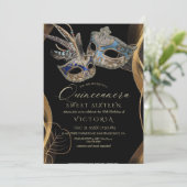 Quinceañera Zwart Goud Masquerade Verjaardagsfeest Kaart (Staand voorkant)