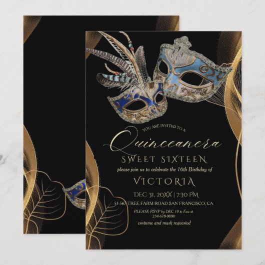 Quinceañera Zwart Goud Masquerade Verjaardagsfeest Kaart (Voorkant / Achterkant)