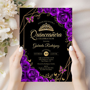 Quinceanera Zwart Goud Paarse Bloemen Kaart