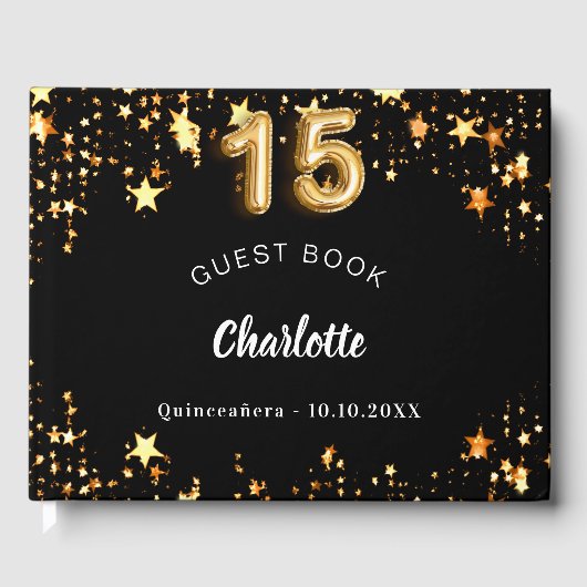 Quinceanera zwart goud sterren gastenboek (Voorkant)
