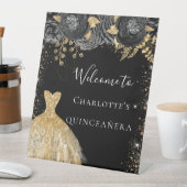 Quinceanera zwart gouden jurk bloemen welkom reclamebord met voetstuk (Insitu)
