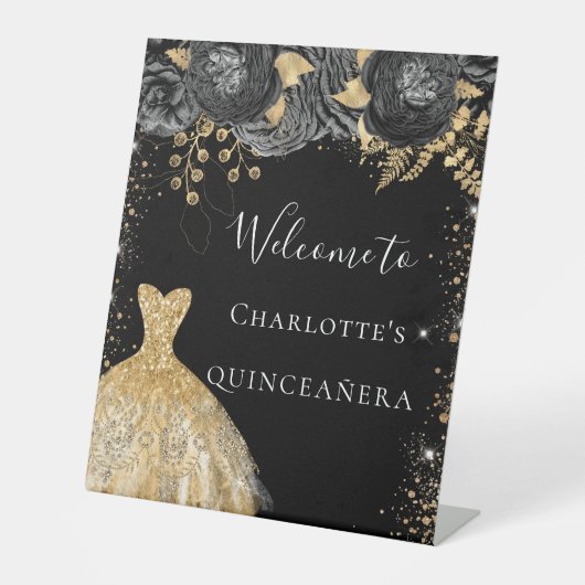 Quinceanera zwart gouden jurk bloemen welkom reclamebord met voetstuk (Voorkant)