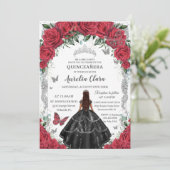 Quinceañera Zwart Jurk Rood Bloemen  Zilver Kaart (Staand voorkant)