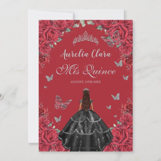 Quinceañera Zwart Jurk Rood Bloemen  Zilver Kaart (Achterkant)