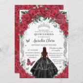 Quinceañera Zwart Jurk Rood Bloemen  Zilver Kaart (Voorkant / Achterkant)
