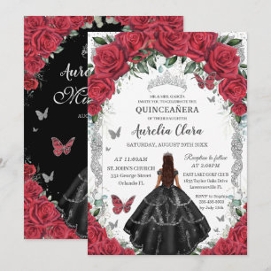 Quinceañera Zwart Jurk Rood Rozen Bloemen Zilver Kaart