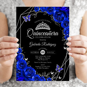 Quinceanera Zwart Koninklijk Blauw Zilver Bloem Kaart