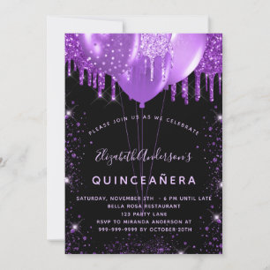 Quinceanera zwart paarse glitters glitterballonnen kaart