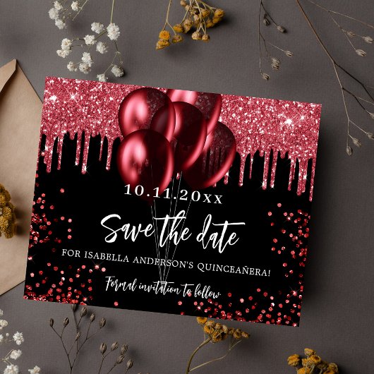 Quinceanera zwart rode ballonnen save the date kaa