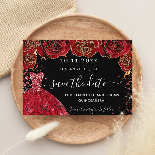 Quinceanera zwart rode jurk bloemen save the date