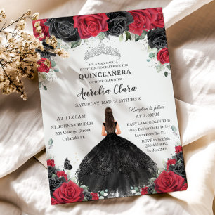 Quinceañera Zwart Rode Rozen Bloemen Prinses Jurk Kaart