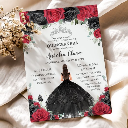 Quinceañera Zwart Rode Rozen Bloemen Prinses Jurk Kaart