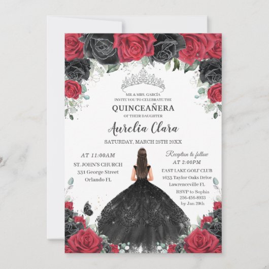 Quinceañera Zwart Rode Rozen Bloemen Prinses Jurk Kaart (Voorkant)