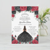 Quinceañera Zwart Rode Rozen Bloemen Prinses Jurk Kaart (Staand voorkant)