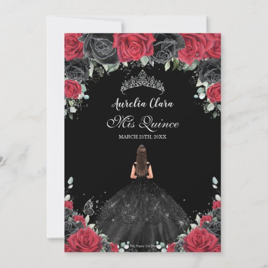 Quinceañera Zwart Rode Rozen Bloemen Prinses Jurk Kaart (Achterkant)