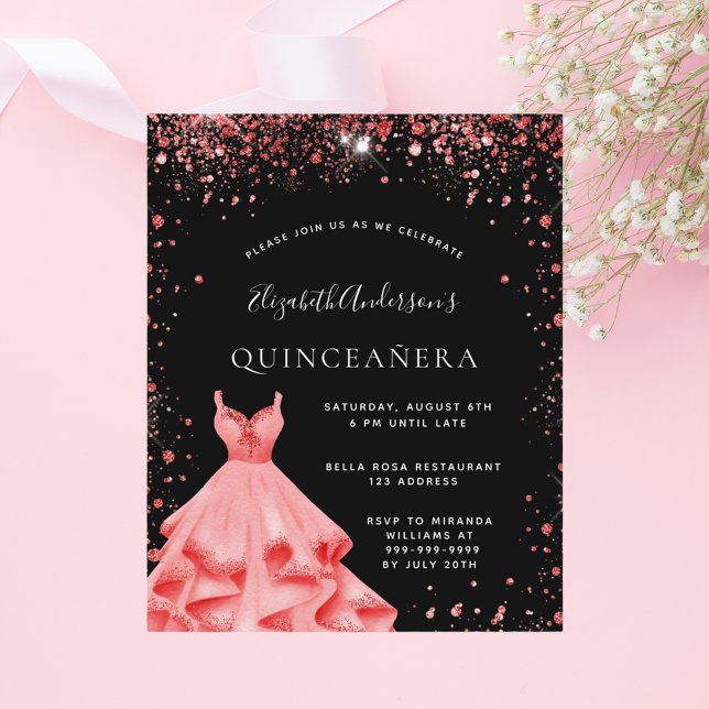 Quinceanera zwart rood glitter jurk uitnodiging (Creator heeft geüpload)