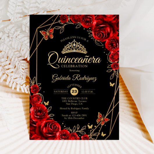 Quinceanera Zwart Rood Goud Bloemen Kaart