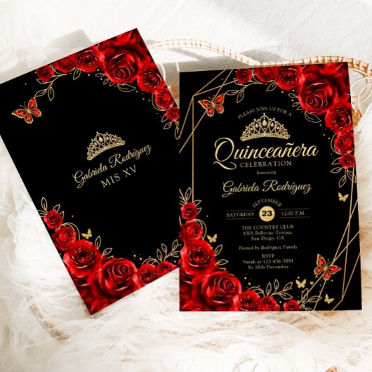 Quinceanera Zwart Rood Goud Bloemen Kaart