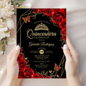 Quinceanera Zwart Rood Goud Bloemen Kaart