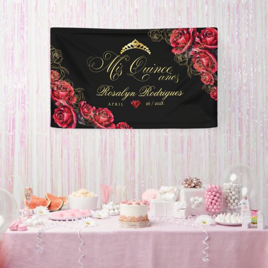 Quinceanera - zwart rood goud decoraties Teken Spandoek (Feest)