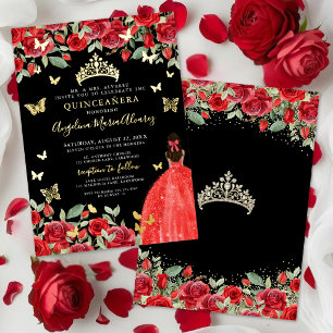 Quinceanera Zwart Rood Goud Folie Uitnodiging