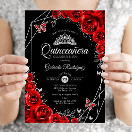 Quinceanera Zwart Rood Zilver Bloem Kaart