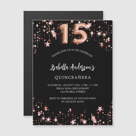 Quinceanera zwart roos gouden sterren luxe magnetische uitnodiging (Voorkant / Achterkant)