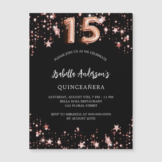 Quinceanera zwart roos gouden sterren luxe magnetische uitnodiging (Voorkant)