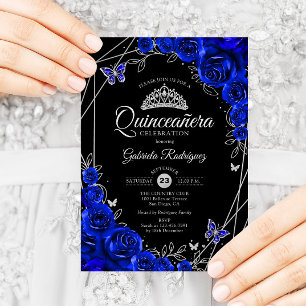 Quinceanera Zwart Royal Blue Zilveren Bloemen Kaart