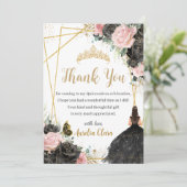 Quinceañera Zwart Roze Bloemen Meisje Jurk Prinses Bedankkaart (Staand voorkant)