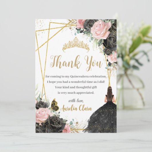 Quinceañera Zwart Roze Bloemen Meisje Jurk Prinses Bedankkaart (Staand voorkant)