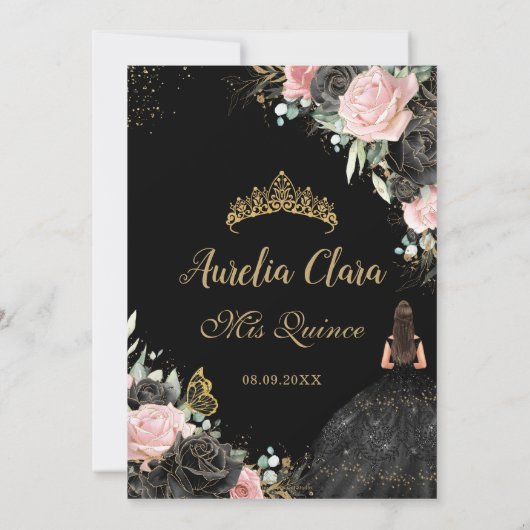 Quinceañera Zwart Roze Bloemen Meisje Jurk Prinses Bedankkaart (Achterkant)