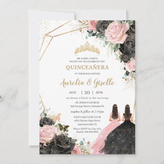 Quinceañera Zwart Roze Rozen Bloemen Prinses Twins Kaart (Voorkant)