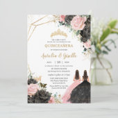 Quinceañera Zwart Roze Rozen Bloemen Prinses Twins Kaart (Staand voorkant)