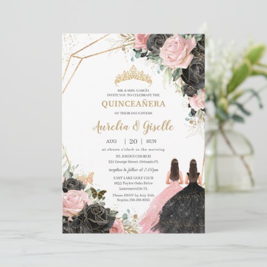 Quinceañera Zwart Roze Rozen Bloemen Prinses Twins Kaart (Staand voorkant)