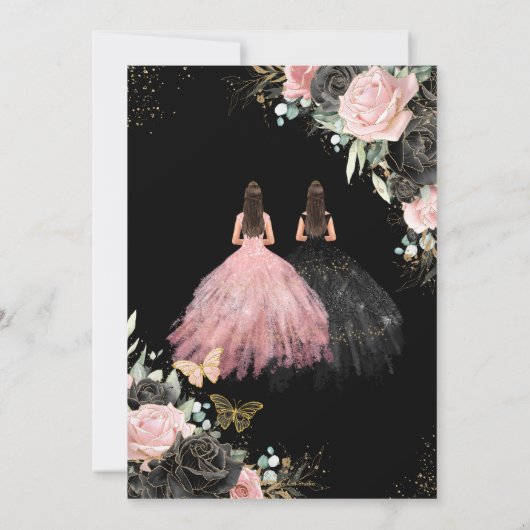 Quinceañera Zwart Roze Rozen Bloemen Prinses Twins Kaart (Achterkant)
