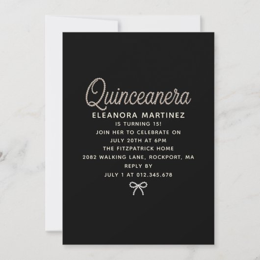 Quinceanera Zwart Witte Parel Script Strik Kaart (Voorkant)