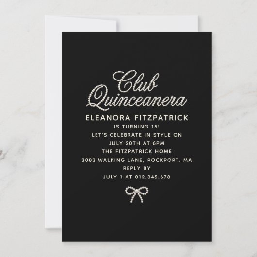 Quinceanera Zwart Witte Parel Script Strik Kaart (Voorkant)
