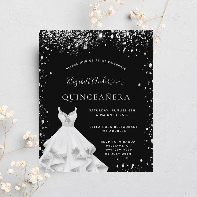 Quinceanera zwart zilver glitter jurk uitnodiging (Creator heeft geüpload)