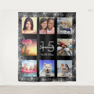 Quinceanera zwart zilveren glitters fotocollage wandkleed